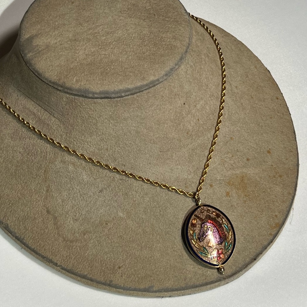 Vintage Cloisonne Enamel Purple Unicorn Double Sided Pendant on Goldtone Chain